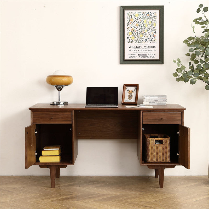 Yekupe Walnut Office Desk with Rattan Net