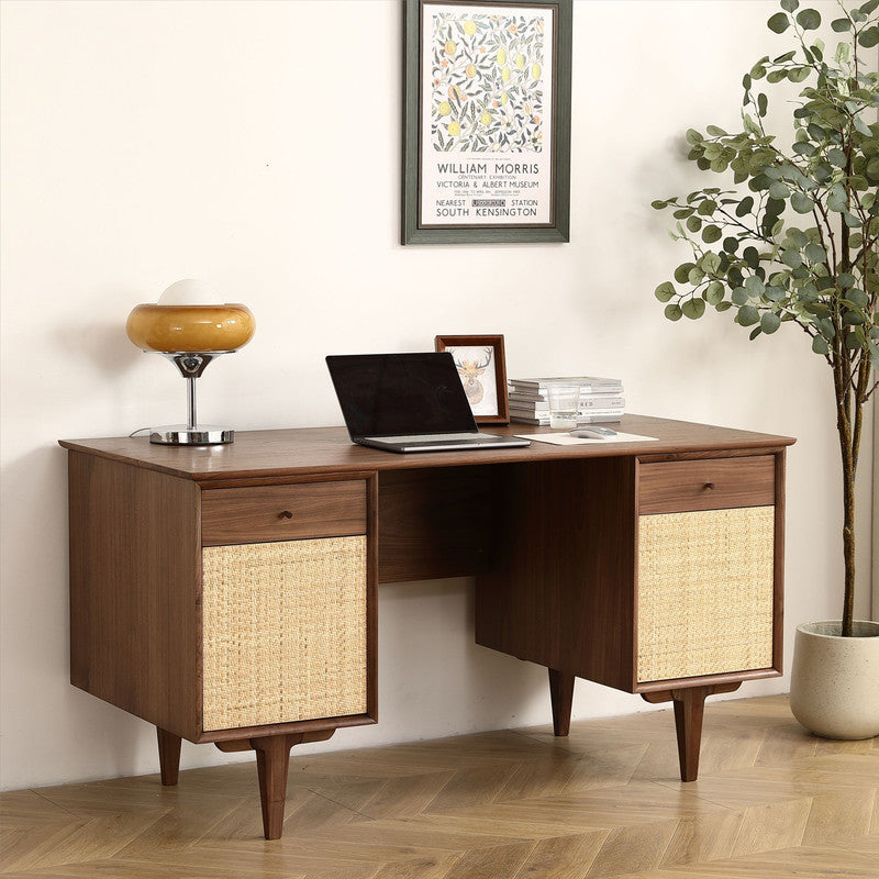 Yekupe Walnut Office Desk with Rattan Net