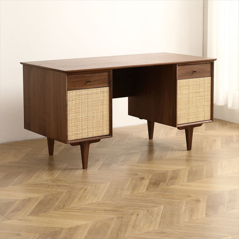 Yekupe Walnut Office Desk with Rattan Net