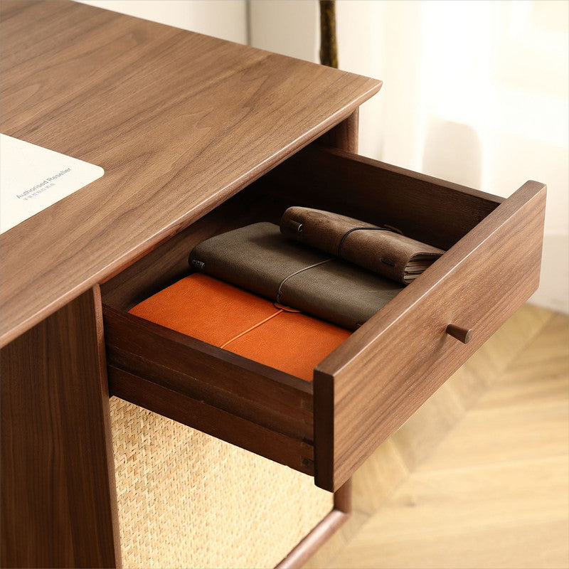 Yekupe Walnut Office Desk with Rattan Net