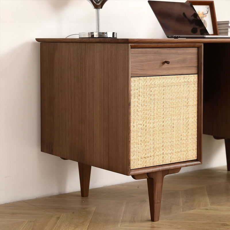 Yekupe Walnut Office Desk with Rattan Net