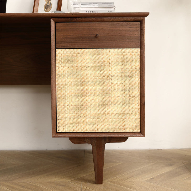 Yekupe Walnut Office Desk with Rattan Net
