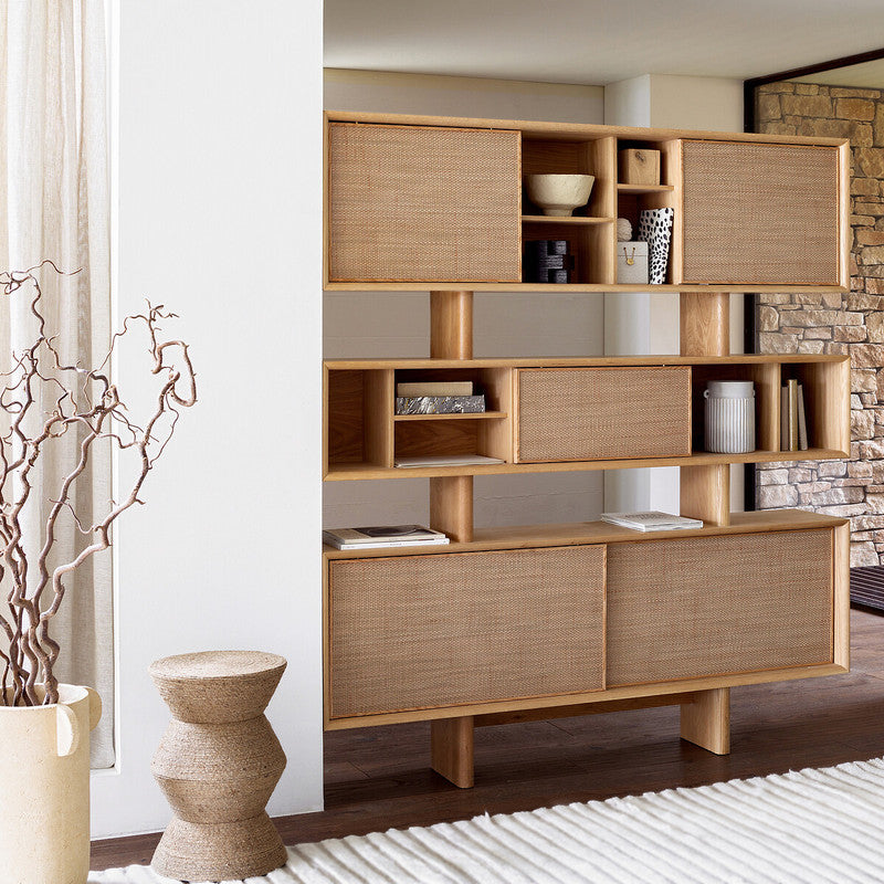 Ropeno Natural Oak Leather Bookcase